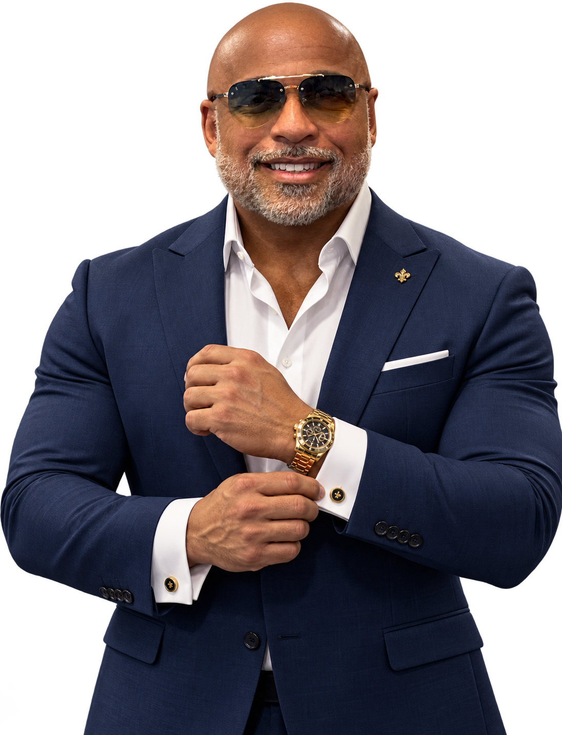 Jaime Marcelo de terno azul-marinho, camisa branca e óculos aviador